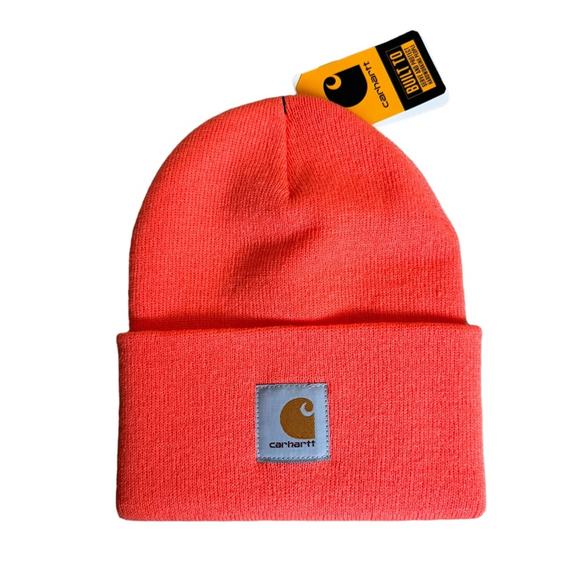 Carhartt Unisex Women's Men's Electric Coral A18 Knit Cuffed Beanie One Size NEW - Picture 2 of 3